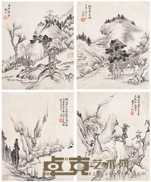 奚岗 山水 册页（十二开选四） 33X27cmX12